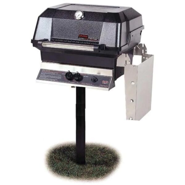 MHP JNR4DD Propane Gas Grill With Stainless Steel Shelves And Stainless Grids On In-Ground Post